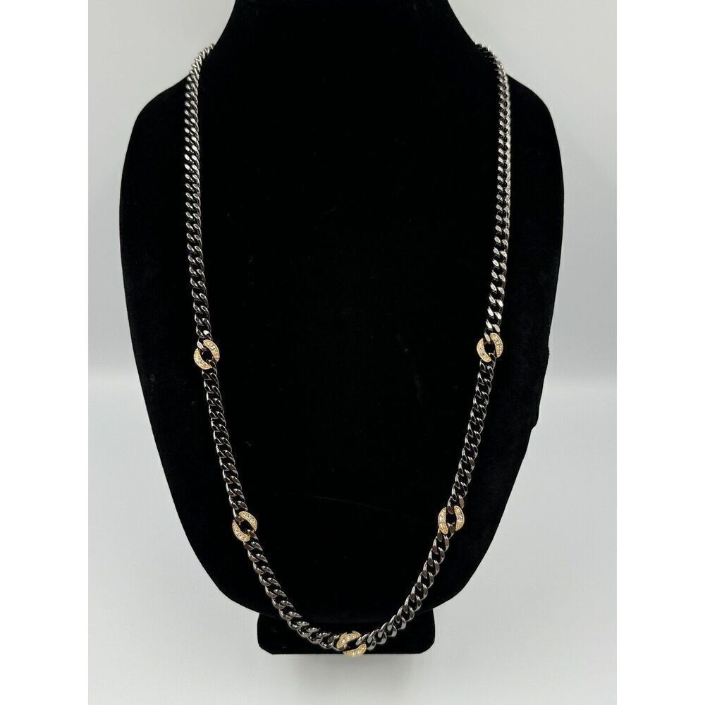 Stella & Dot Gunmetal Cuban Link Necklace Chain Long‎ Gold Pave Rhinestone Links